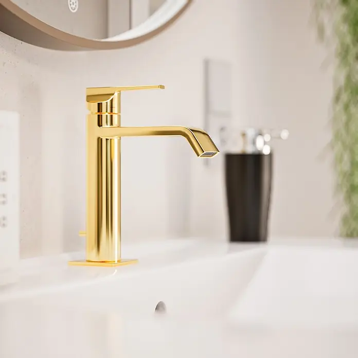 VitrA Suit Waschtischarmatur - Gold, Glänzend, Höhe: 19 cm - Moderner goldener Wasserhahn auf weißem Waschbecken, elegantem Design.