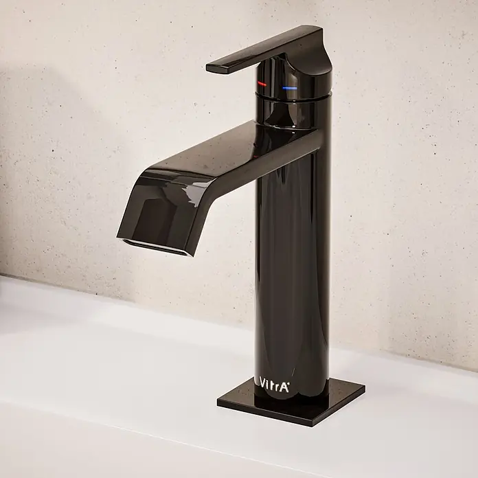 VitrA Suit Waschtischarmatur - Schwarz, Glänzend, Höhe: 19 cm - Glänzende schwarze Einhebel-Armatur mit Warm- und Kaltwasseranzeige. Marke: VitrA.