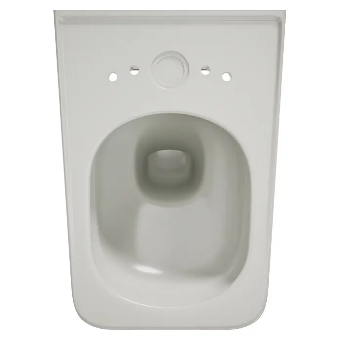 VitrA Equal Wand-WC - Spülrandlos, Mit schmutzabweisender Glasur, Spülform: Tief, WC Abgang: Waagerecht, Steingrau - Weiße Keramik-WC-Schüssel, Draufsicht, mit sichtbaren Spüllöchern und Innenraum.