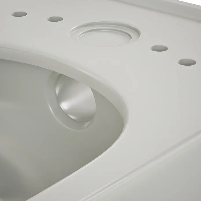 VitrA Equal Wand-WC - Spülrandlos, Mit schmutzabweisender Glasur, Spülform: Tief, WC Abgang: Waagerecht, Steingrau - Weißes Keramikwaschbecken mit vorgebohrten Hahnlöchern und integriertem Abfluss. Glatte, glänzende Oberfläche.