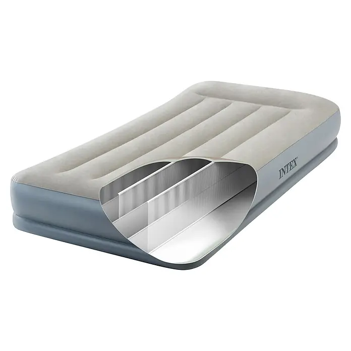 Intex Luftbett Dura-Beam Standard Pillow Rest Mid-Rise Twin - L x B x H: 191 x 99 x 30 cm, Grau/Blau - Grau-beige Luftmatratze mit Schnittansicht der internen Fiber-Tech-Stützstruktur. Intex-Logo sichtbar.