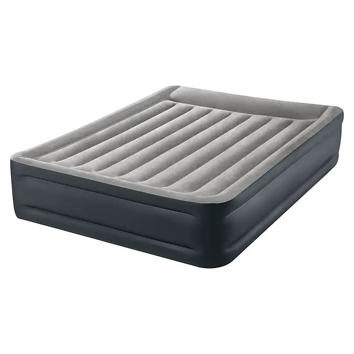 Intex Luftbett Dura-Beam Plus Deluxe Pillow Rest Raised Queen - L x B x H: 203 x 152 x 42 cm, Schwarz/Grau - Aufblasbare Luftmatratze mit dunkelgrauem Unterteil und hellgrauer, beflockter Oberseite mit Querstreifen.