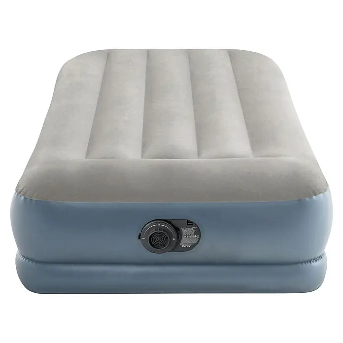 Intex Luftbett Dura-Beam Standard Pillow Rest Mid-Rise Twin - L x B x H: 191 x 99 x 30 cm, Grau/Blau - Zweifarbiges graues und blaues aufblasbares Luftbett mit beflockter Oberfläche und integrierter Elektropumpe.