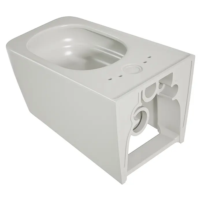 VitrA Equal Wand-WC - Spülrandlos, Mit schmutzabweisender Glasur, Spülform: Tief, WC Abgang: Waagerecht, Steingrau - Weiße Keramik-Toilette mit Spülkasten, zeigt die innere Rückstruktur für die Installation.