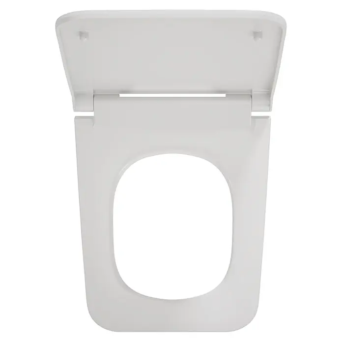VitrA Equal WC-Sitz - Duroplast, Weiß, Mit Absenkautomatik - Weiße Toilettenbrille und Deckel, offen, um die ovale Sitzöffnung zu zeigen.
