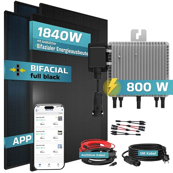Sunniva Balkonkraftwerk-Set 1840 / 800 Watt mit DEYE Wechselrichter - Nennleistung: 800 W, L x B x H: 1.762 x 1.134 x 30 mm - Bifaziales schwarzes Solarmodulsystem mit 800W Wechselrichter, Kabeln und App-Schnittstelle.