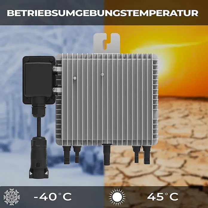 Sunniva Balkonkraftwerk-Set 1840 / 800 Watt mit DEYE Wechselrichter - Nennleistung: 800 W, L x B x H: 1.762 x 1.134 x 30 mm - Graues elektronisches Gerät mit schwarzen Anschlüssen, gezeigt bei Extremtemperaturen von -40°C (schneeig) bis 45°C (sonnig, trocken).