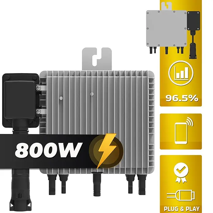 Sunniva Balkonkraftwerk-Set 1840 / 800 Watt mit DEYE Wechselrichter - Nennleistung: 800 W, L x B x H: 1.762 x 1.134 x 30 mm - Grauer 800W Mikro-Wechselrichter mit Kühlrippen und schwarzen elektrischen Anschlüssen für Solaranlagen.