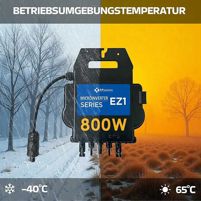 Sunniva Balkonkraftwerk-Set 1840 / 800 Watt mit AP Systems Wechselrichter - Nennleistung: 800 W, L x B x H: 1.762 x 1.134 x 30 mm - Schwarzer APsystems EZ1 800W Mikro-Wechselrichter, ausgelegt für Temperaturen von -40°C bis 65°C.