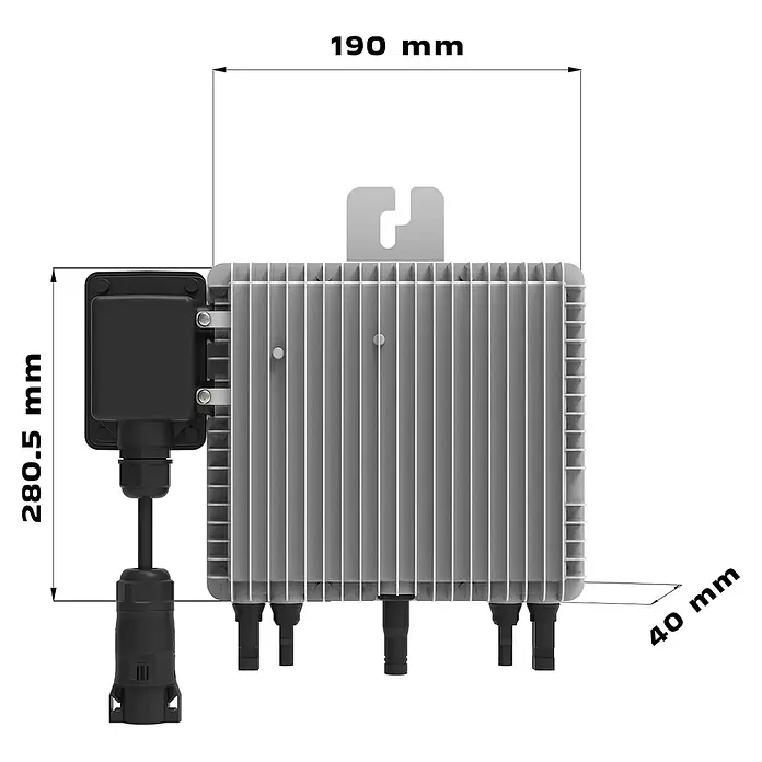 Sunniva Balkonkraftwerk-Set 1840 / 800 Watt mit DEYE Wechselrichter - Nennleistung: 800 W, L x B x H: 1.762 x 1.134 x 30 mm - Grauer, rechteckiger Solarmikrowechselrichter mit Kühlrippen und schwarzen Anschlüssen.