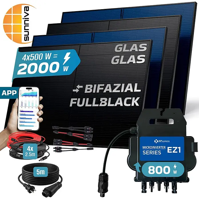 Sunniva Balkonkraftwerk-Set 2000 / 800 Watt mit AP Systems Wechselrichter - Nennleistung: 800 W, L x B x H: 1.906 x 1.134 x 30 mm - Solar-Set mit vier schwarzen bifazialen Glas-Glas-Modulen (2000W gesamt), 800W APsystems Mikrowechselrichter, Kabeln und App-Anzeige.