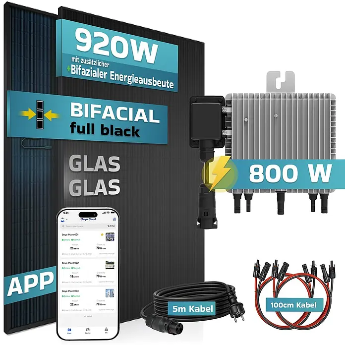 Sunniva Balkonkraftwerk-Set 920 / 800 Watt mit DEYE Wechselrichter - Nennleistung: 800 W - Bifaziale Vollschwarz Glas-Glas Solarmodule (920W), 800W Wechselrichter, 5m Netzkabel, 100cm Solarkabel und Überwachungs-App.