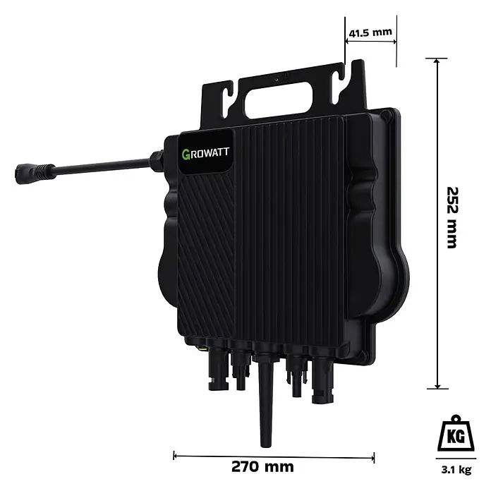 Sunniva Balkonkraftwerk-Set 2000 / 800 Watt mit GROWATT Wechselrichter - Nennleistung: 800 W - Schwarzer Growatt Solarwechselrichter, 270x252x41,5 mm groß, 3,1 kg schwer.
