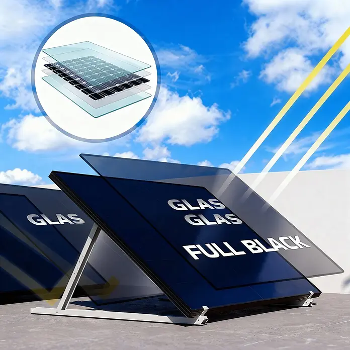 Sunniva Balkonkraftwerk-Set 1840 / 800 Watt mit DEYE Wechselrichter - Nennleistung: 800 W, L x B x H: 1.762 x 1.134 x 30 mm - Vollschwarze Glas-Glas-Solarmodule auf einem Dach, die ihre Schichtbauweise unter Sonnenlicht zeigen.