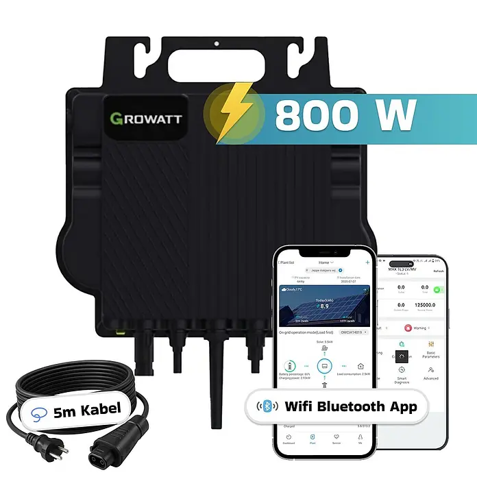Sunniva Balkonkraftwerk-Set 2000 / 800 Watt mit GROWATT Wechselrichter - Nennleistung: 800 W - Schwarzer Growatt 800 W Wechselrichter mit 5m Kabel und Smartphone-App-Oberfläche.