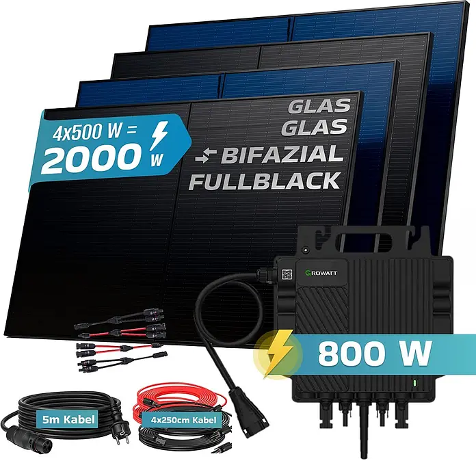 Sunniva Balkonkraftwerk-Set 2000 / 800 Watt mit GROWATT Wechselrichter - Nennleistung: 800 W - Schwarzes Solarpanel-Set mit vier 500W Bifazial-Modulen (2000W gesamt), einem 800W Growatt Mikrowechselrichter, Kabeln und Anschlüssen.