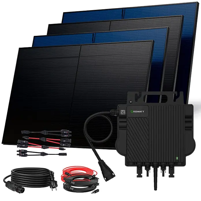 Sunniva Balkonkraftwerk-Set 2000 / 800 Watt mit GROWATT Wechselrichter - Nennleistung: 800 W - Ein Growatt Solarmodul-Set mit mehreren Solarmodulen, einem schwarzen Wechselrichter und verschiedenen roten und schwarzen Solarkabeln und Steckern.