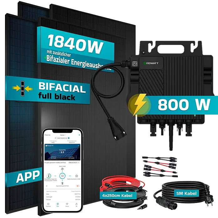Sunniva Balkonkraftwerk-Set 1840 / 800 Watt mit GROWATT Wechselrichter - Nennleistung: 800 W - Solaranlagen-Set mit schwarzen bifazialen Modulen, 800W Wechselrichter und Anschlusskabeln, inkl. App-Anzeige.