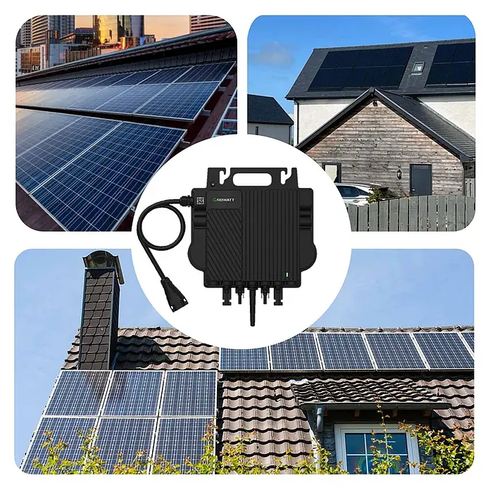 Sunniva Balkonkraftwerk-Set 2000 / 800 Watt mit GROWATT Wechselrichter - Nennleistung: 800 W - Schwarzer Growatt Mikro-Wechselrichter mit Kabeln, umgeben von Beispielen für Solarpanels auf Dächern.