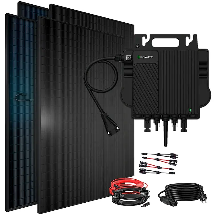Sunniva Balkonkraftwerk-Set 1840 / 800 Watt mit GROWATT Wechselrichter - Nennleistung: 800 W - Schwarze Solarmodule, Growatt Mikro-Wechselrichter und diverse Anschlusskabel für ein komplettes Solarenergie-Kit.