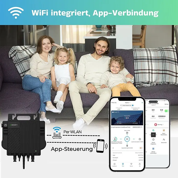 Sunniva Balkonkraftwerk-Set 2000 / 800 Watt mit GROWATT Wechselrichter - Nennleistung: 800 W - Schwarzer Growatt Solarwechselrichter mit WLAN für App-Steuerung, zeigt App-Oberfläche mit Leistungsdaten.