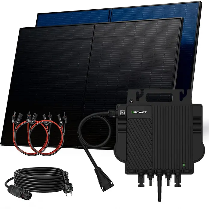 Sunniva Balkonkraftwerk-Set 1000 / 800 Watt mit GROWATT Wechselrichter - Nennleistung: 800 W - Ein Solarenergie-Kit: schwarze Solarmodule, ein Growatt Mikro-Wechselrichter und verschiedene schwarze und rote Stromkabel.