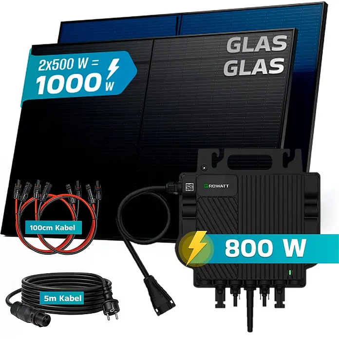 Sunniva Balkonkraftwerk-Set 1000 / 800 Watt mit GROWATT Wechselrichter - Nennleistung: 800 W - Solarenergie-Kit mit zwei schwarzen Solarmodulen (1000W gesamt), einem 800W Growatt Wechselrichter und Anschlusskabeln.