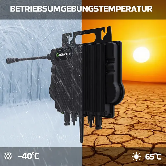 Sunniva Balkonkraftwerk-Set 2000 / 800 Watt mit GROWATT Wechselrichter - Nennleistung: 800 W - Schwarzes Elektronikgerät in extremen Umgebungen von -40°C bis 65°C, demonstriert robusten Betriebstemperaturbereich.