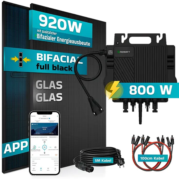 Sunniva Balkonkraftwerk-Set 920 / 800 Watt mit GROWATT Wechselrichter - Nennleistung: 800 W - Schwarzes bifaziales Glas-Glas-Solarpanel-Set (920W) mit 800W Growatt Mikrowechselrichter, Kabeln (5m/100cm) und Überwachungs-App.