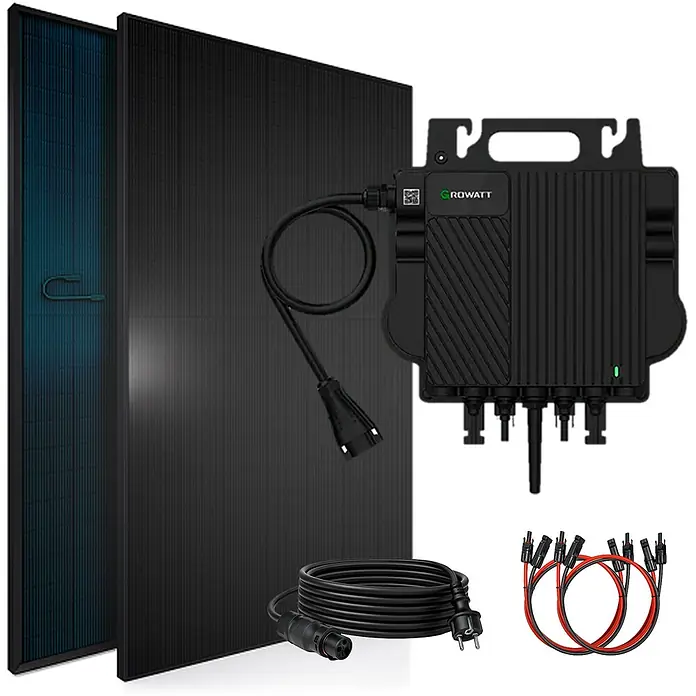 Sunniva Balkonkraftwerk-Set 920 / 800 Watt mit GROWATT Wechselrichter - Nennleistung: 800 W - Zwei schwarze Solarmodule, ein Growatt Mikro-Wechselrichter, ein AC-Kabel mit EU-Stecker und zwei MC4-Adapterkabel für Solaranlagen.