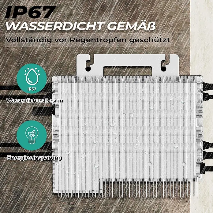 Sunniva Balkonkraftwerk-Set 2000 / 1600 Watt mit DEYE Wechselrichter - Nennleistung: 1.600 W, L x B x H: 1.906 x 1.134 x 30 mm - IP67 wasserdichte, silberne Lichtleiste mit Kühlrippen, bedeckt mit Wassertropfen.