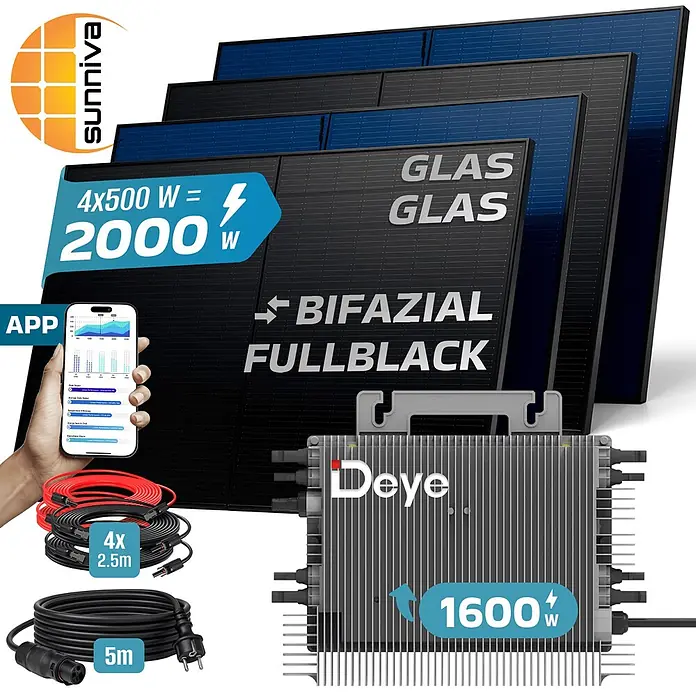 Sunniva Balkonkraftwerk-Set 2000 / 1600 Watt mit DEYE Wechselrichter - Nennleistung: 1.600 W, L x B x H: 1.906 x 1.134 x 30 mm - Sunniva 2000W Solarpanel-Kit mit vier bifazialen, vollflächig schwarzen Glas-Glas-Panels, Deye 1600W Wechselrichter, Kabeln und App-Überwachung.