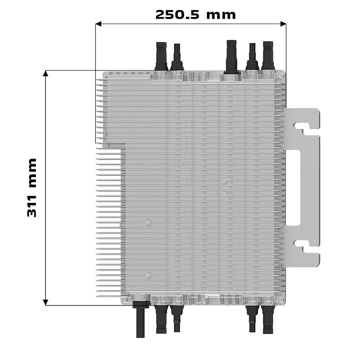 Sunniva Balkonkraftwerk-Set 2000 / 1600 Watt mit DEYE Wechselrichter - Nennleistung: 1.600 W, L x B x H: 1.906 x 1.134 x 30 mm - Grauer Mikro-Wechselrichter mit Kühlrippen, Anschlüssen und Montagehalterung. Maße: 250,5 mm breit, 311 mm hoch.