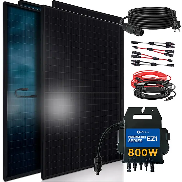 Sunniva Balkonkraftwerk-Set 1840 / 800 Watt mit AP Systems Wechselrichter - Nennleistung: 800 W - Zwei schwarze Solarmodule mit 800W Mikrowechselrichter und diversen Anschlusskabeln für Solaranlage.