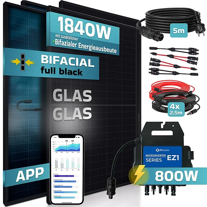 Sunniva Balkonkraftwerk-Set 1840 / 800 Watt mit AP Systems Wechselrichter - Nennleistung: 800 W - Zwei schwarze bifaziale Glas-Glas Solarmodule (1840W), ein 800W Mikro-Wechselrichter, Kabel und eine Monitoring-App.