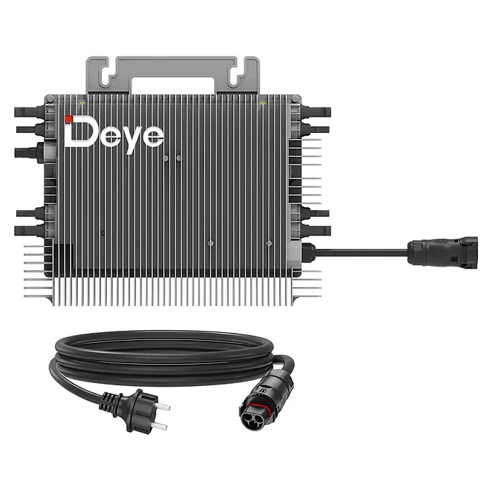 Sunniva Balkonkraftwerk-Set 1840 / 2000 Watt mit DEYE Wechselrichter - Nennleistung: 2.000 W - Grauer Deye Mikrowechselrichter mit schwarzen Kühlrippen und Anschlüssen, dazu ein aufgerolltes schwarzes Stromkabel mit Schukostecker und passendem Stecker.