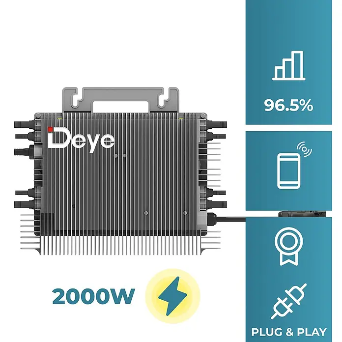 Sunniva Balkonkraftwerk-Set 1840 / 2000 Watt mit DEYE Wechselrichter - Nennleistung: 2.000 W - Grauer Deye Solar-Mikrowechselrichter mit Anschlusskabeln, 2000W Leistung und 96.5% Effizienz.