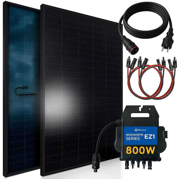 SUNNIVA 1000W Balkonkraftwerk Komplettset – 2x 500W Bifaziale Glas-Glas Fullblack Module + AP Systems EZ1-M 800W Wechselrichter + 5m Kabel