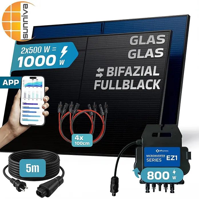 Sunniva Balkonkraftwerk-Set 1000 / 800 Watt mit AP Systems Wechselrichter - Nennleistung: 800 W, L x B x H: 1.910 x 1.134 x 30 mm - Schwarzes bifaziales Glas-Glas-Solarpanel-Set (2x500W) mit 800W Mikro-Wechselrichter, Kabeln und App-Überwachung zur Stromerzeugung.