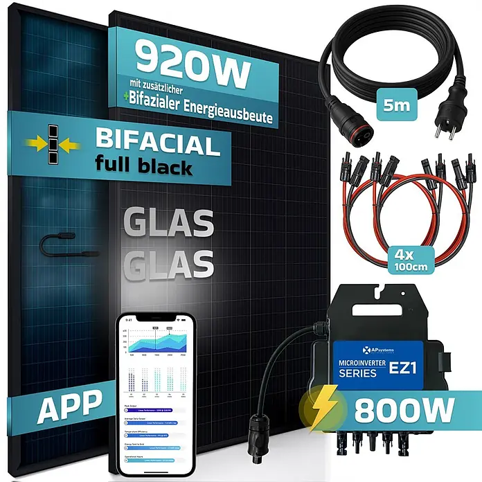 Sunniva Balkonkraftwerk-Set 920 / 800 Watt mit AP Systems Wechselrichter - Nennleistung: 800 W, L x B x H: 1.762 x 1.134 x 30 mm - Bifaziales, voll schwarzes Solarmodul-Set mit 920W Leistung, 800W Mikro-Wechselrichter, Kabeln und Überwachungs-App.