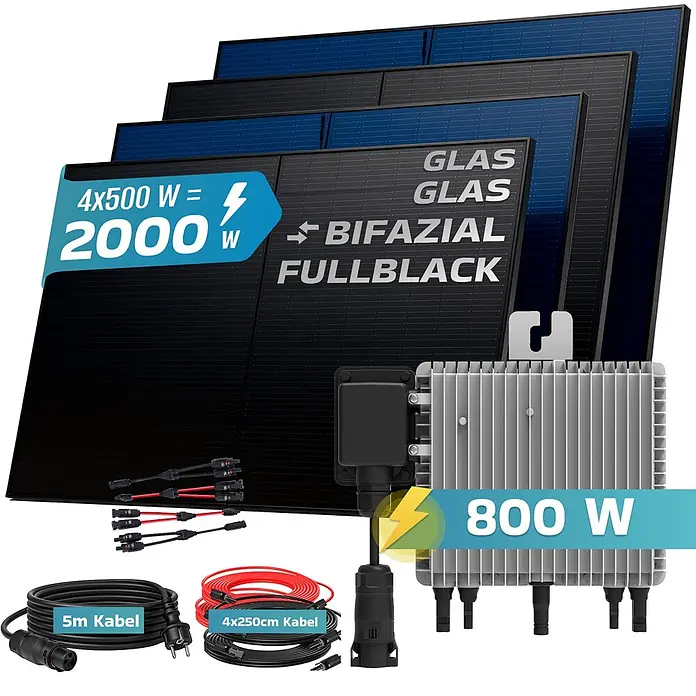 Sunniva Balkonkraftwerk-Set 2000 / 800 Watt mit DEYE Wechselrichter - Nennleistung: 800 W, L x B x H: 1.906 x 1.134 x 30 mm - Solaranlagen-Set mit vier schwarzen Bifazial-Modulen (2000 W), 800 W Wechselrichter, 5m AC-Kabel und 4x250cm DC-Kabeln.