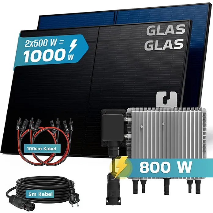Sunniva Balkonkraftwerk-Set 1000 / 800 Watt mit DEYE Wechselrichter - Nennleistung: 800 W, L x B x H: 1.906 x 1.134 x 30 mm - Zwei Glas-Glas-Solarmodule (insgesamt 1000W) mit 800W Wechselrichter, MC4- und Netzkabeln.