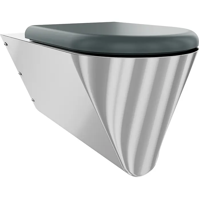 KWC Wand-WC - Edelstahl - Modernes, wandhängendes Metall-WC mit dunkelgrauem Sitz.