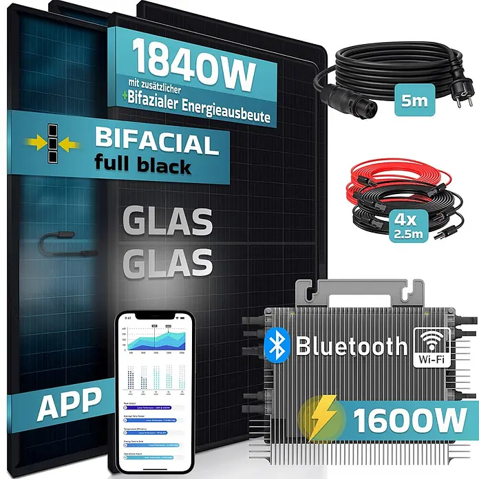 Sunniva Balkonkraftwerk-Set 1840 / 1600 Watt mit DEYE Wechselrichter - Nennleistung: 1.600 W - Bifaziales schwarzes Glas-Solarpanel-Kit (1840W Paneele, 1600W Wechselrichter, Bluetooth, Wi-Fi, App) mit Kabeln.