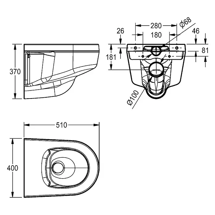KWC Waschbecken KWC -  - Bemaßte technische Zeichnung einer wandhängenden Toilette.