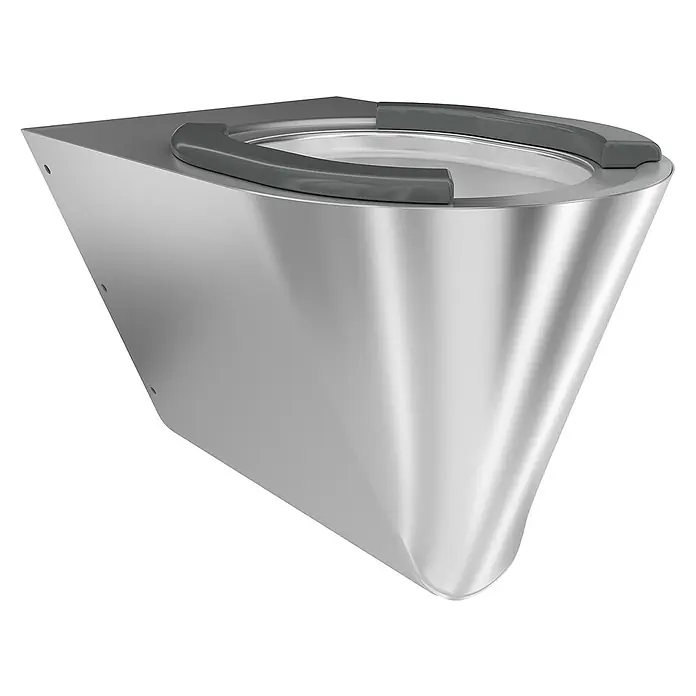 KWC Waschbecken KWC -  - Schlanke, wandmontierte Edelstahltoilette mit dunkelgrauem ergonomischem Sitz.