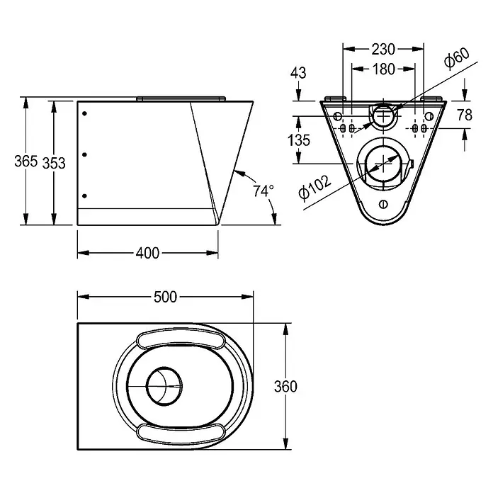 KWC Waschbecken KWC -  - Technische Zeichnung einer Wandtoilette mit Seiten-, Ober- und Vorderansicht sowie detaillierten Abmessungen zur Installation.