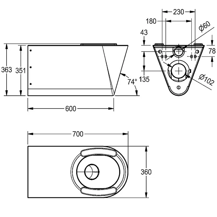 KWC Waschbecken KWC -  - Bemaßte technische Zeichnung einer wandhängenden Toilette mit Seiten-, Ober- und Vorderansichten und Installationsmaßen.