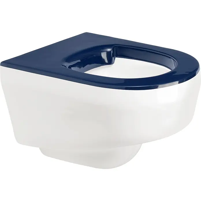 KWC Waschbecken KWC -  - Wandhängendes weißes Keramik-WC mit dunkelblauem Sitz.