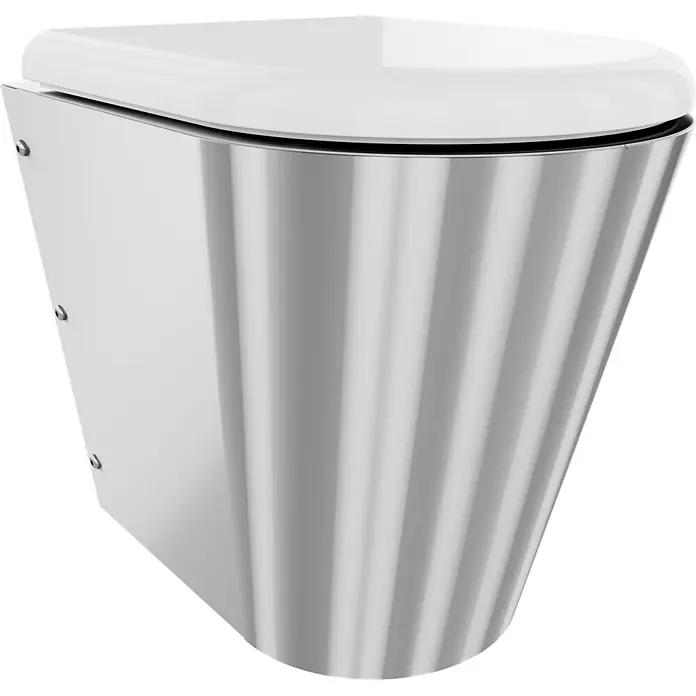 KWC Waschbecken KWC -  - Wandhängende Toilette mit weißem Sitz und geripptem silbernem Metallunterbau.